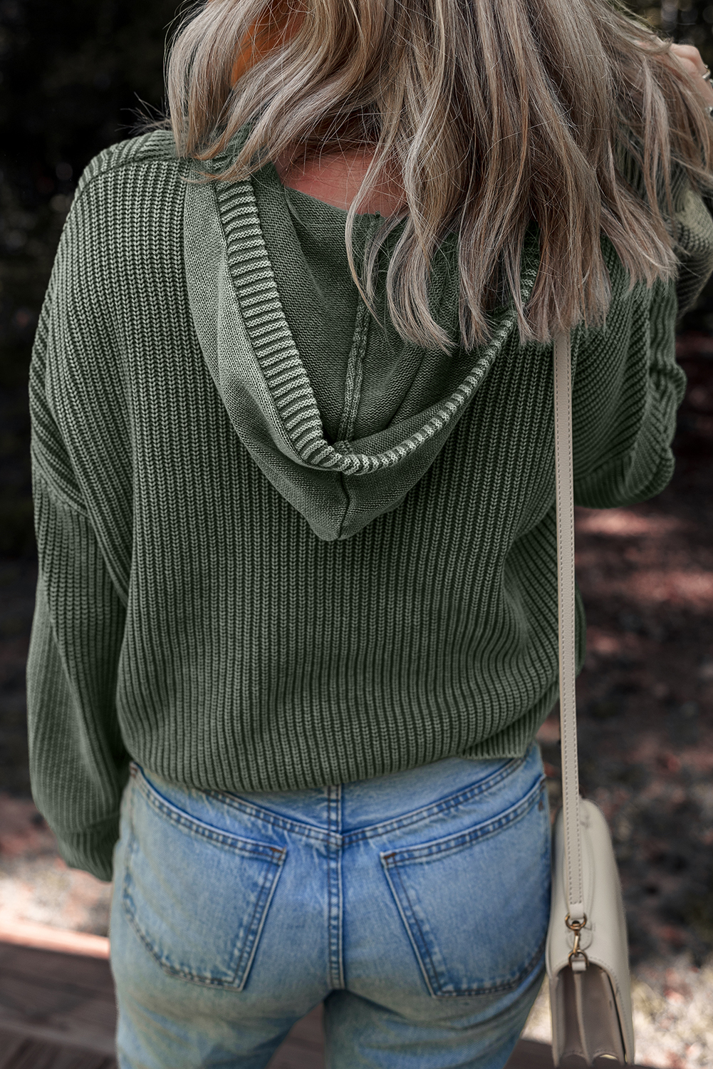 Mist Green Mineral Wash Ribbed Knit Button Drawstring Neck Hooded Sweater - loveforevers