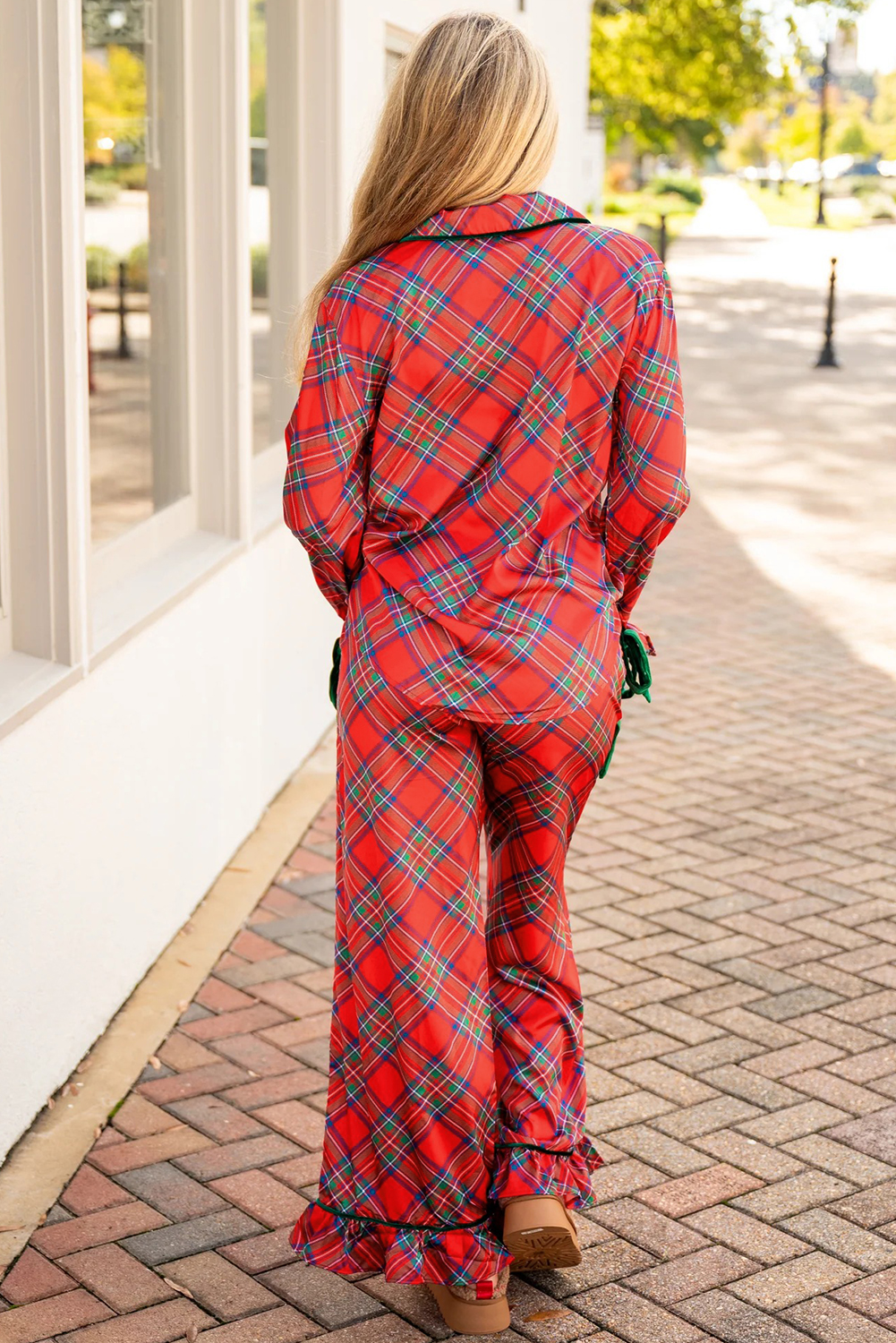 Fiery Red Christmas Plaid Satin Pajama Set with Contrast Velvet Ties - loveforevers