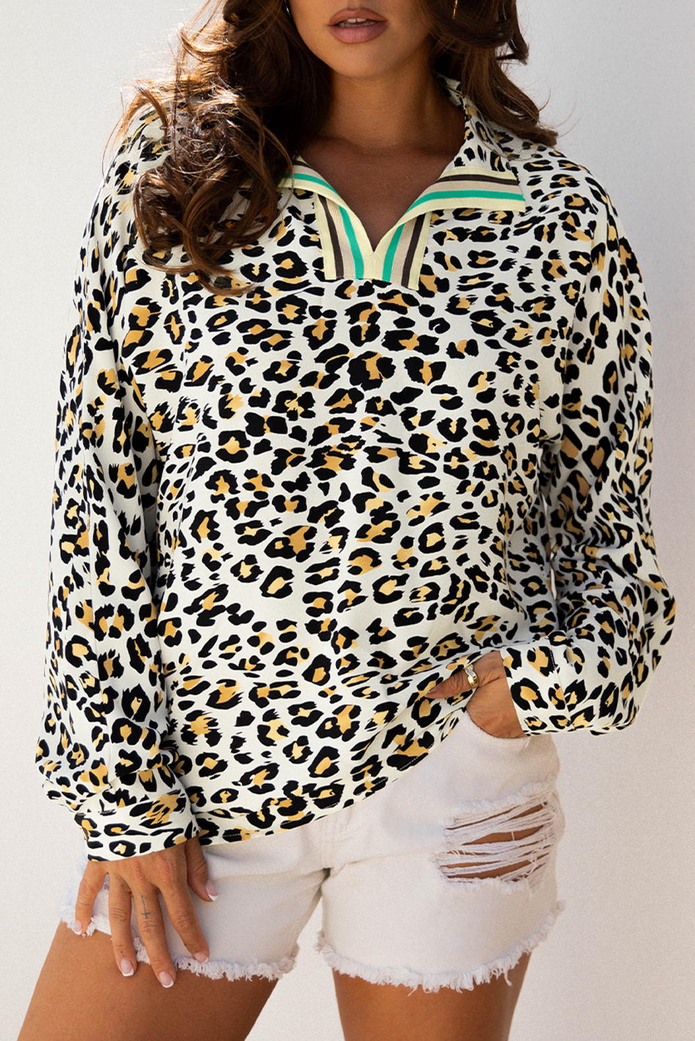 Khaki Leopard Print Contrast Striped V Neck Blouse - loveforevers