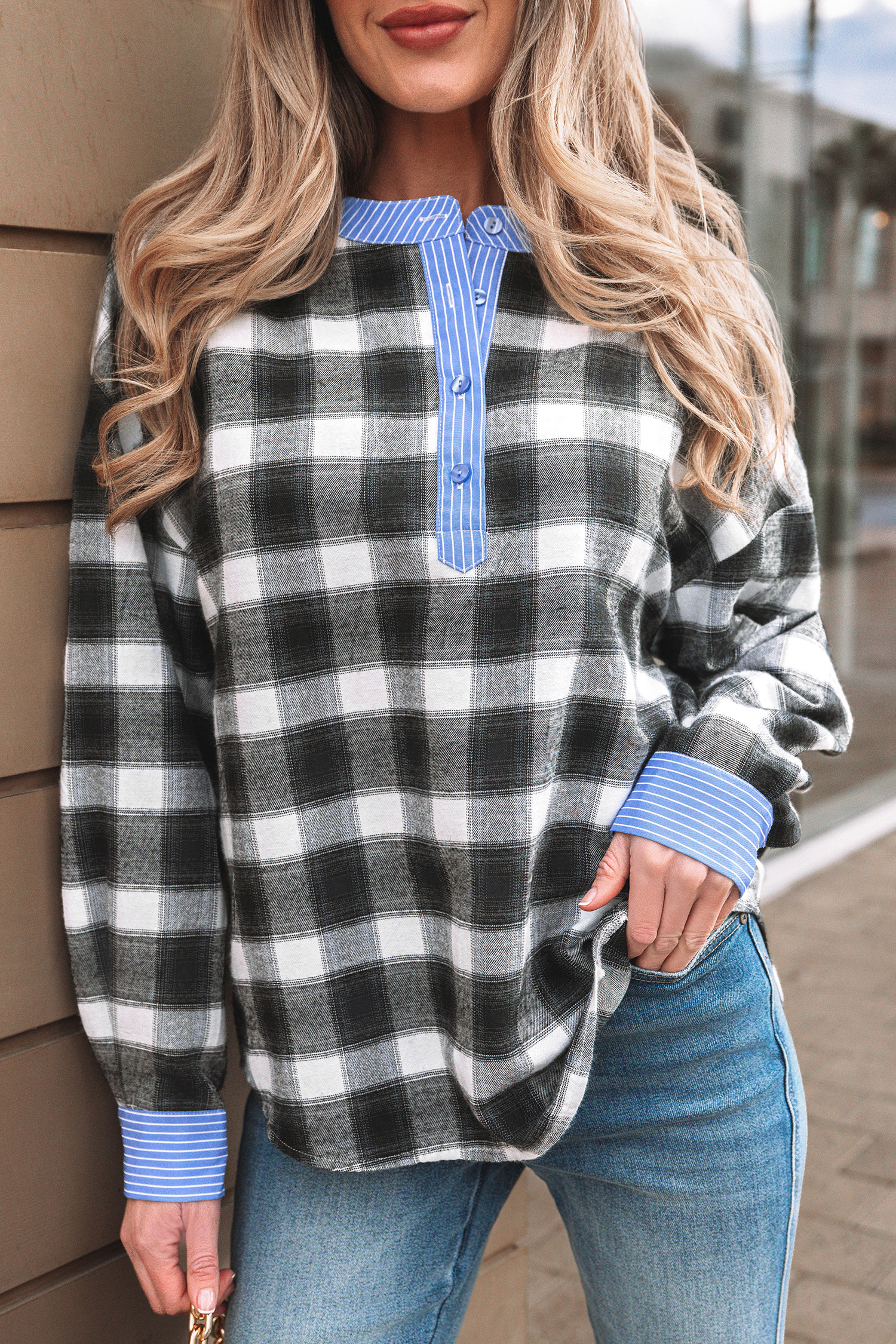 Black Contrast Striped Edge Half Placket Plaid Blouse - loveforevers