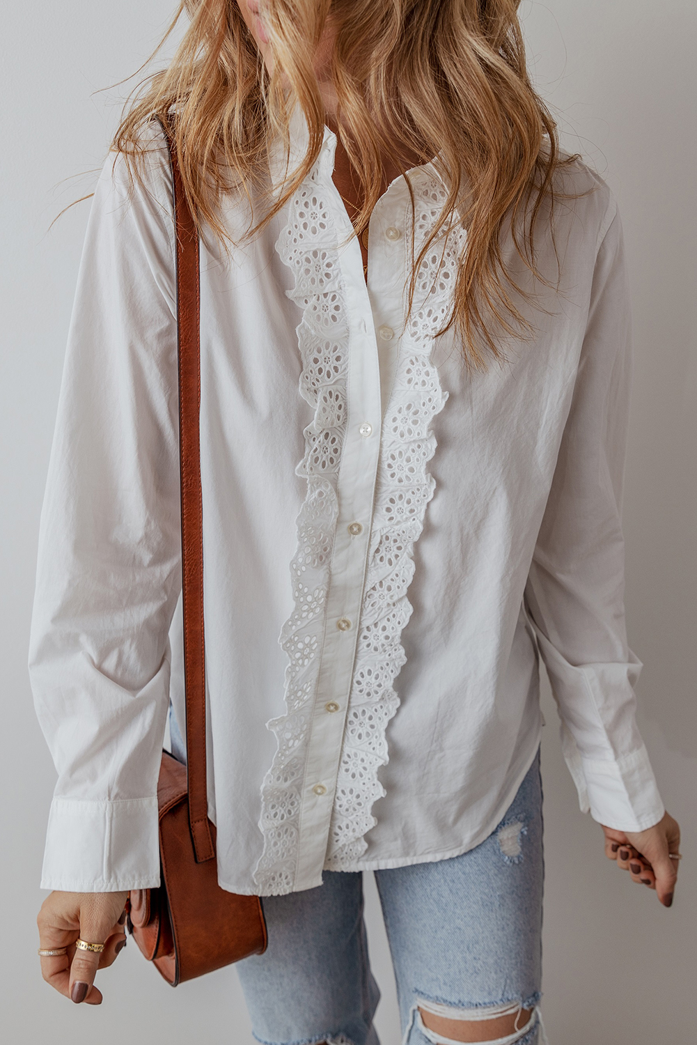 White Lace Crochet Trim Turn Down Collar Buttoned Shirt - loveforevers