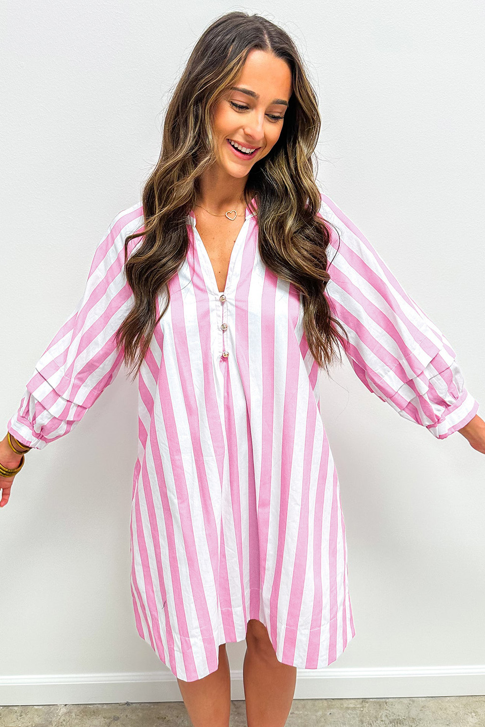 Rose Stripe Bracelet Sleeve Buttons Loose Mini Dress - loveforevers