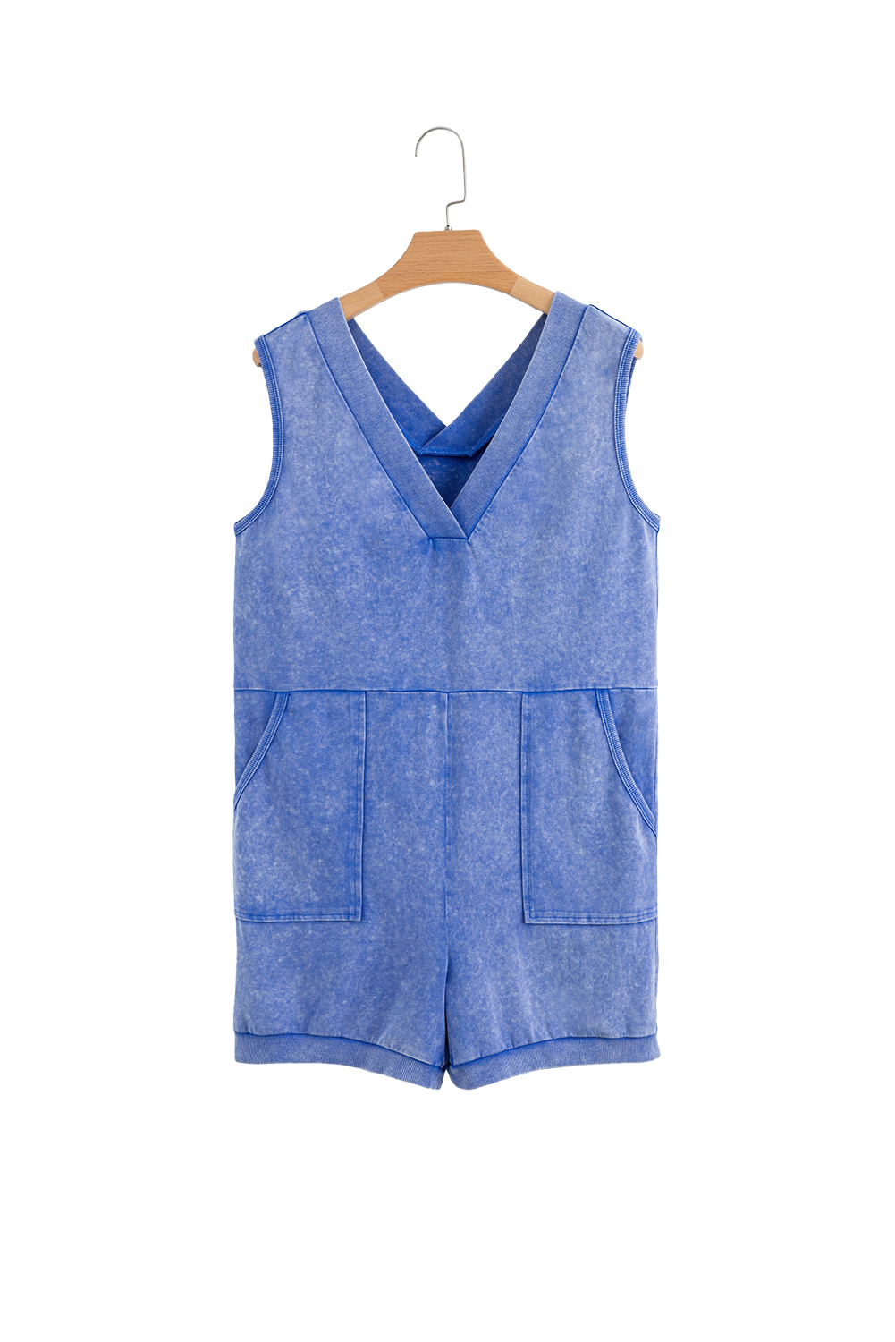 Sky Blue Mineral Wash Pocketed Sleeveless V Neck Loose Romper - loveforevers