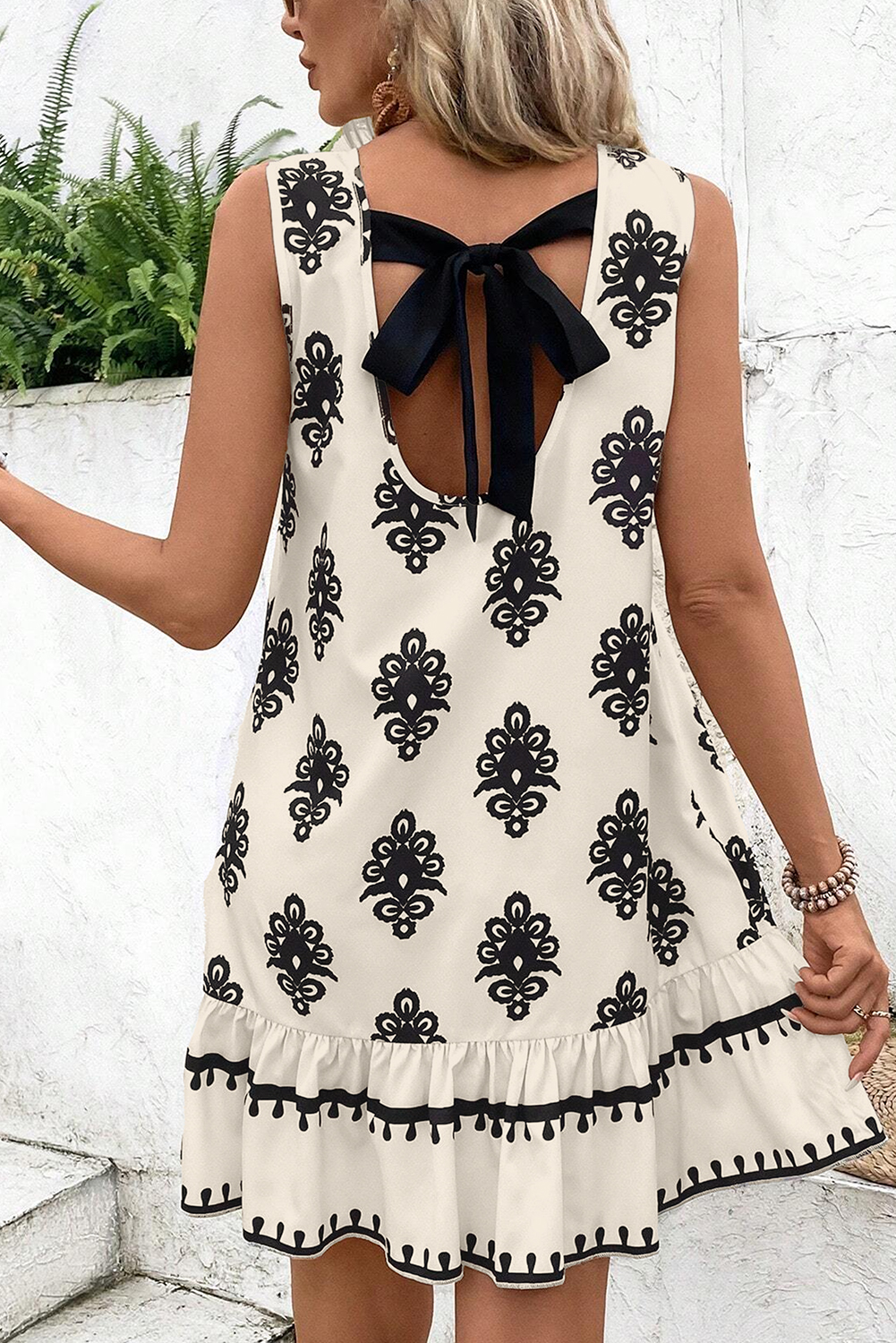 Beige Geometric Printed Sleeveless Hollowed Bowknot Back Mini Dress - loveforevers