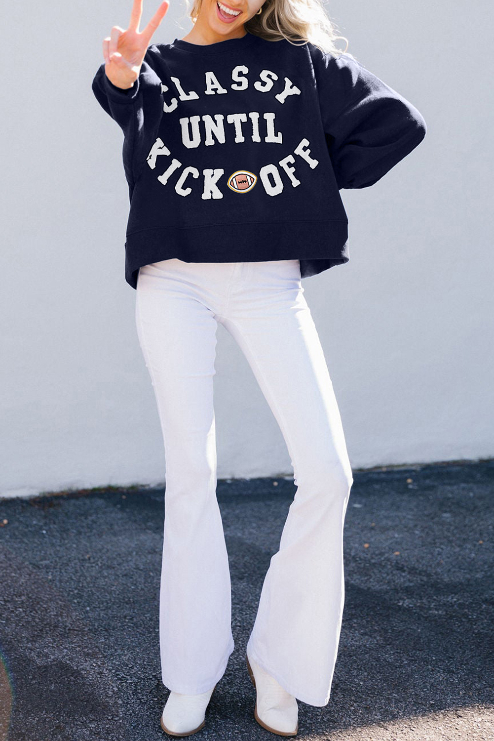 Black CLASSY UNTIL KICKOFF Plush Letter Patched Loose Sweatshirt - loveforevers