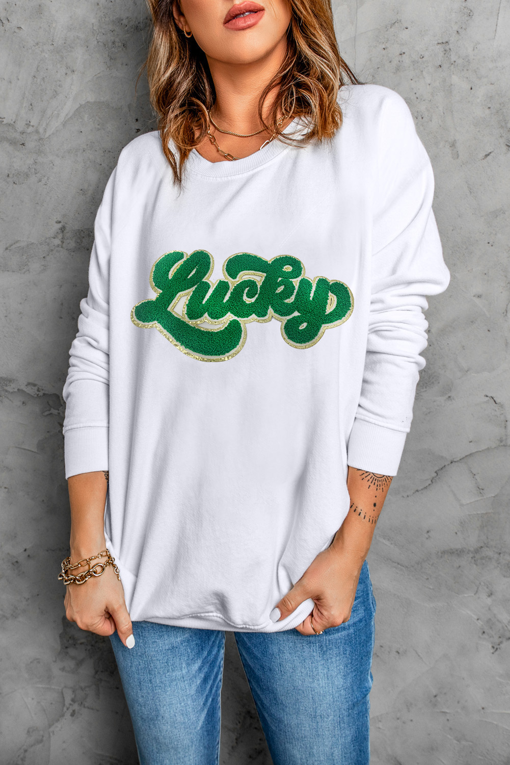 White Shiny Trim Chenille Lucky Pattern Sweatshirt - loveforevers