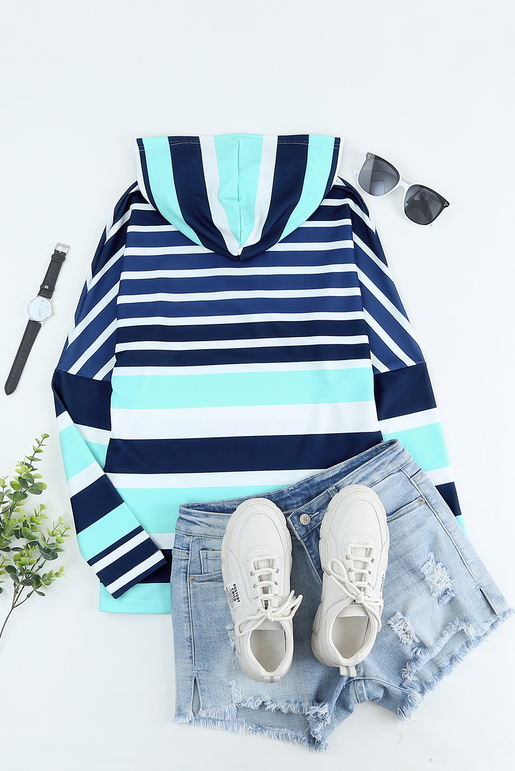 Multi Striped Drawstring Long Sleeve Hoodie - loveforevers