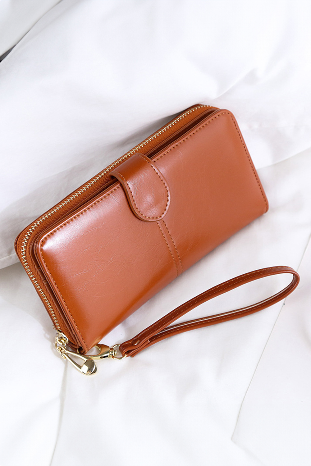 Cinnamon Faux Leather Zip Around Wrist Strap Long Wallet - loveforevers