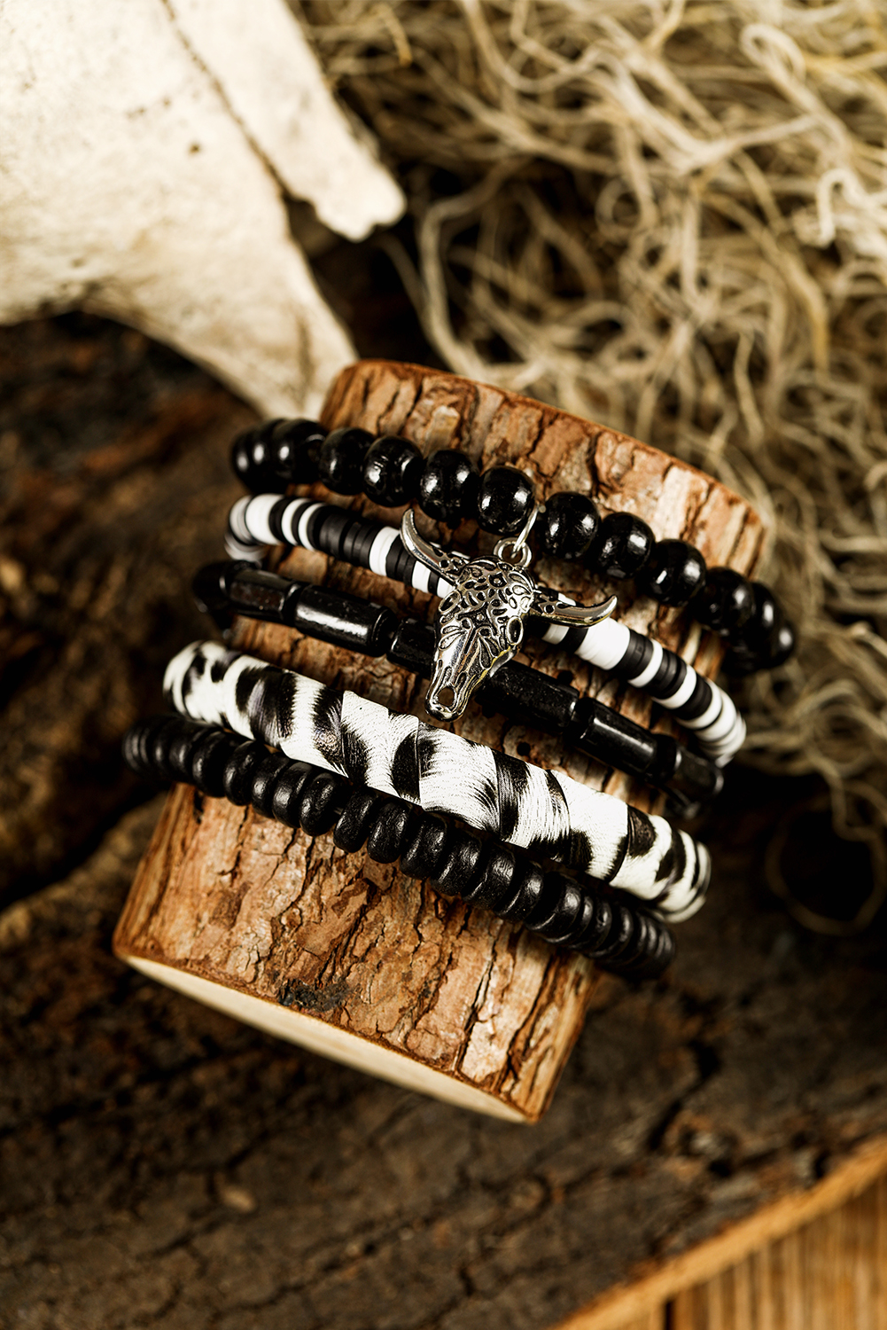 Color black Timber Beads Western Skull Head Charm 5pcs Bracelet Set - loveforevers