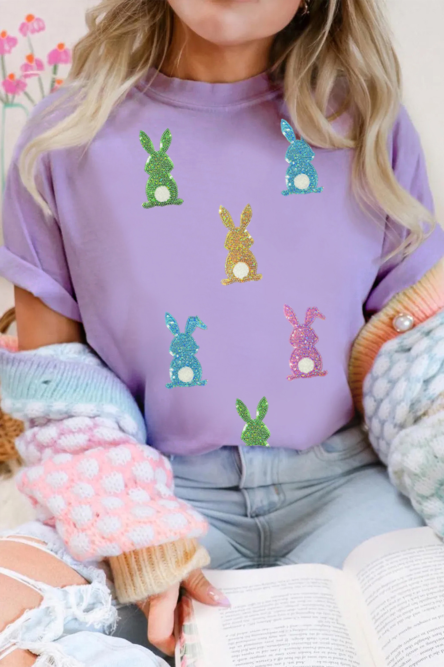 Wisteria Sequin Easter Bunny Patched Tee - loveforevers