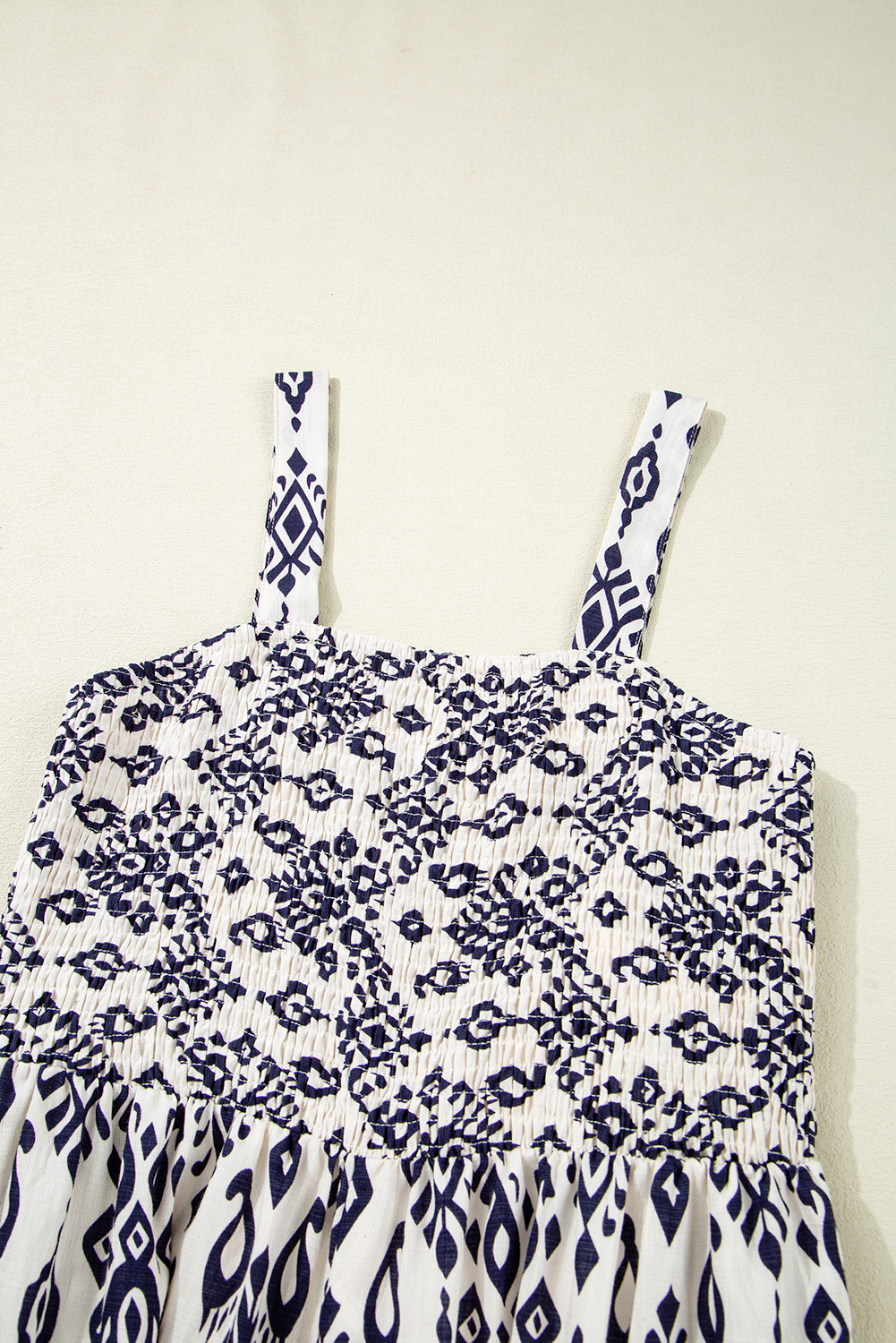 Blue Boho Geometric Print Shirred High Waist Wide Leg Jumpsuit - loveforevers