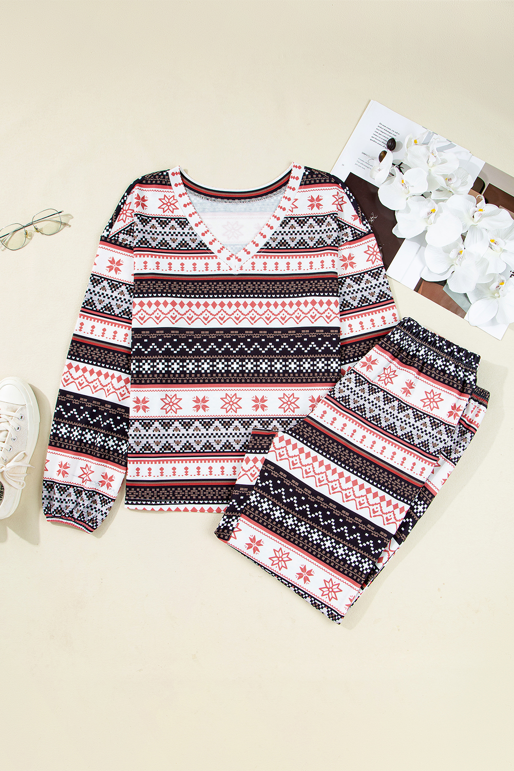 Black Retro Christmas Pattern Loose Pullover 2pcs Lounge Pant Set - loveforevers