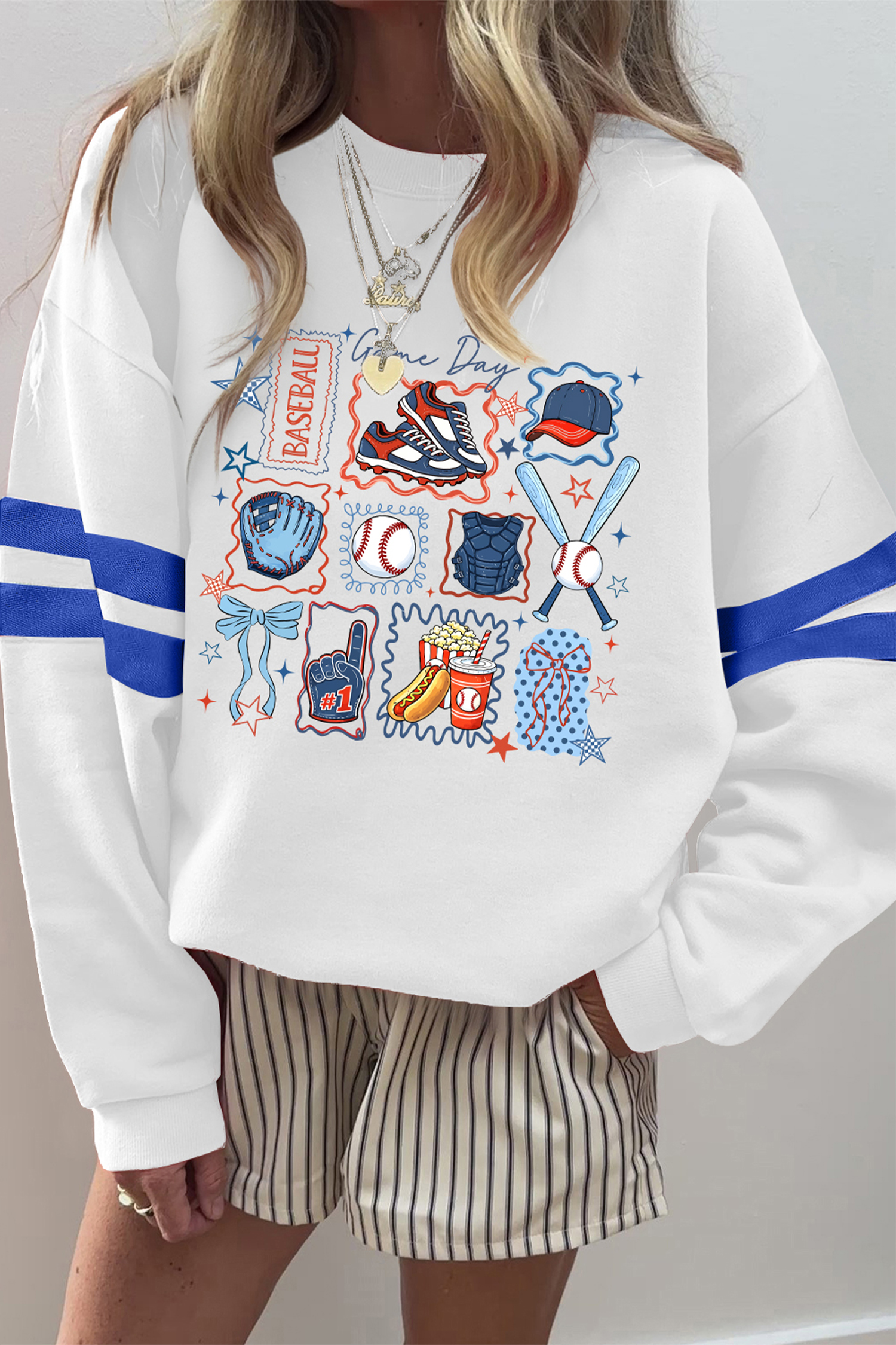 White Baseball Game Day Printed Varsity Striped Sweatshirt - loveforevers