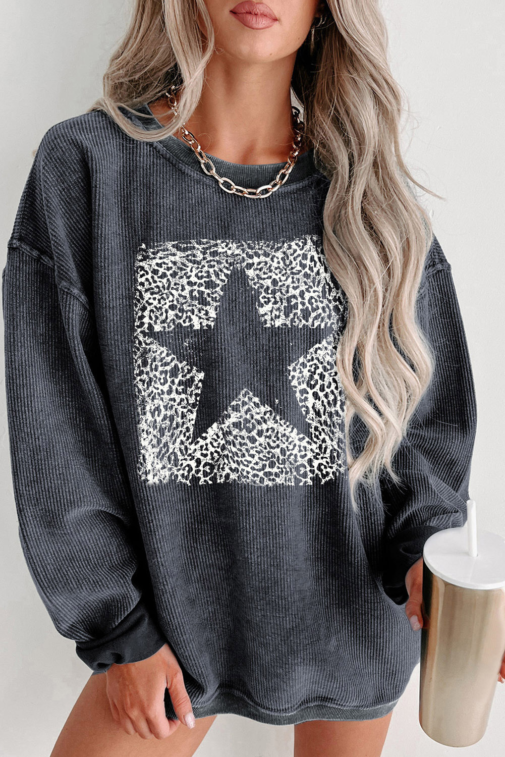 Gray Leopard Star Graphic Corded Sweatshirt - loveforevers
