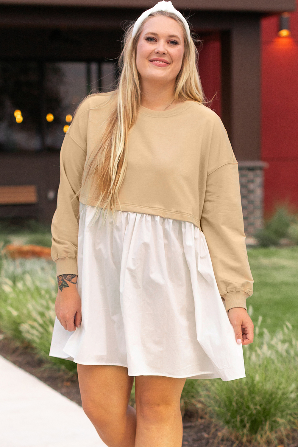 Pale Khaki Sweatshirt Poplin Mini Dress - loveforevers