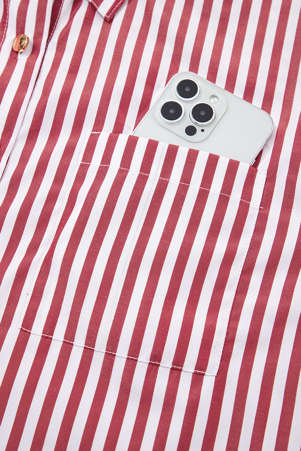 Red Stripe Patched Pocket Side Slit Loose Shirt - loveforevers