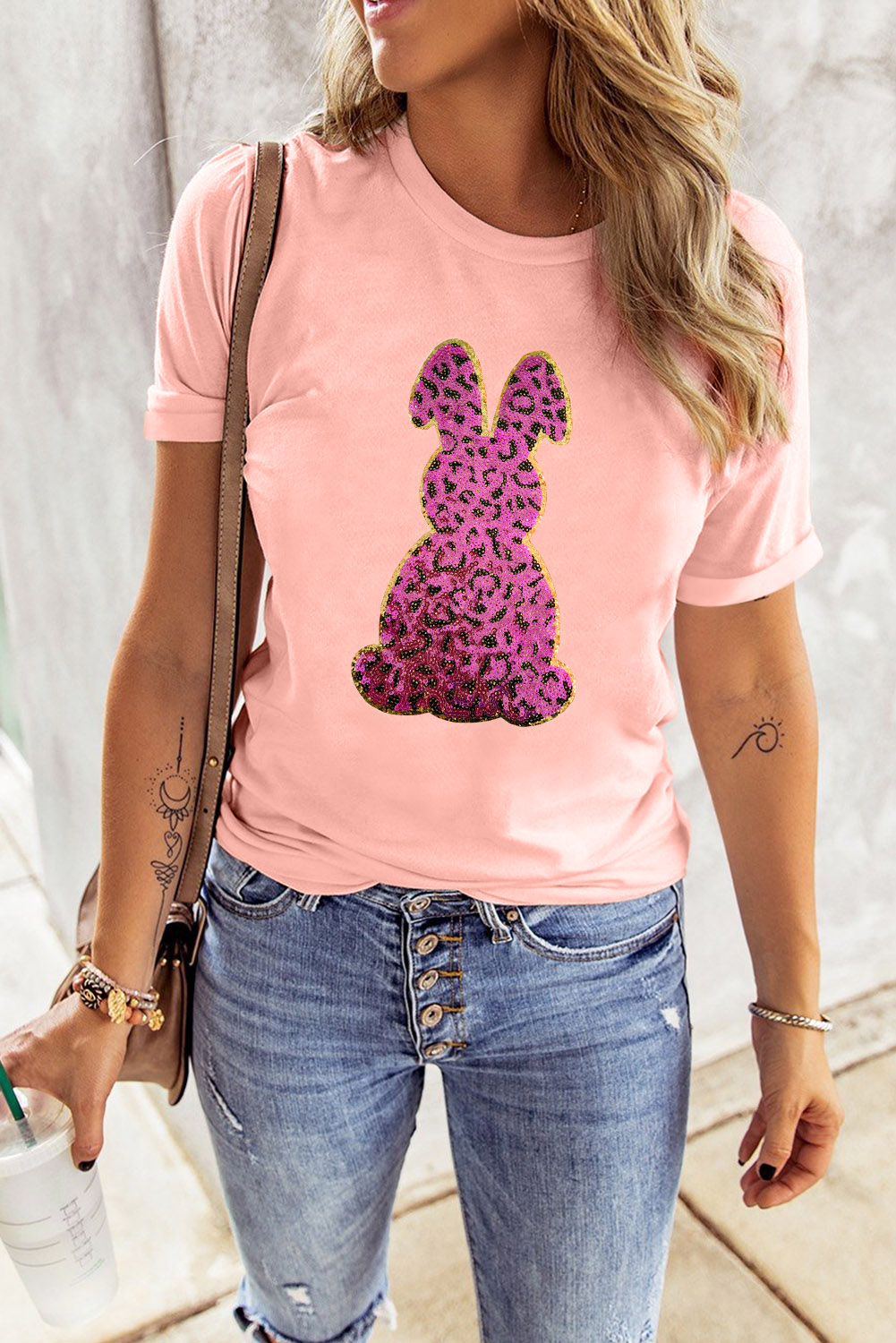 White Rabbit Bow Knot Print Crew Neck T Shirt - loveforevers