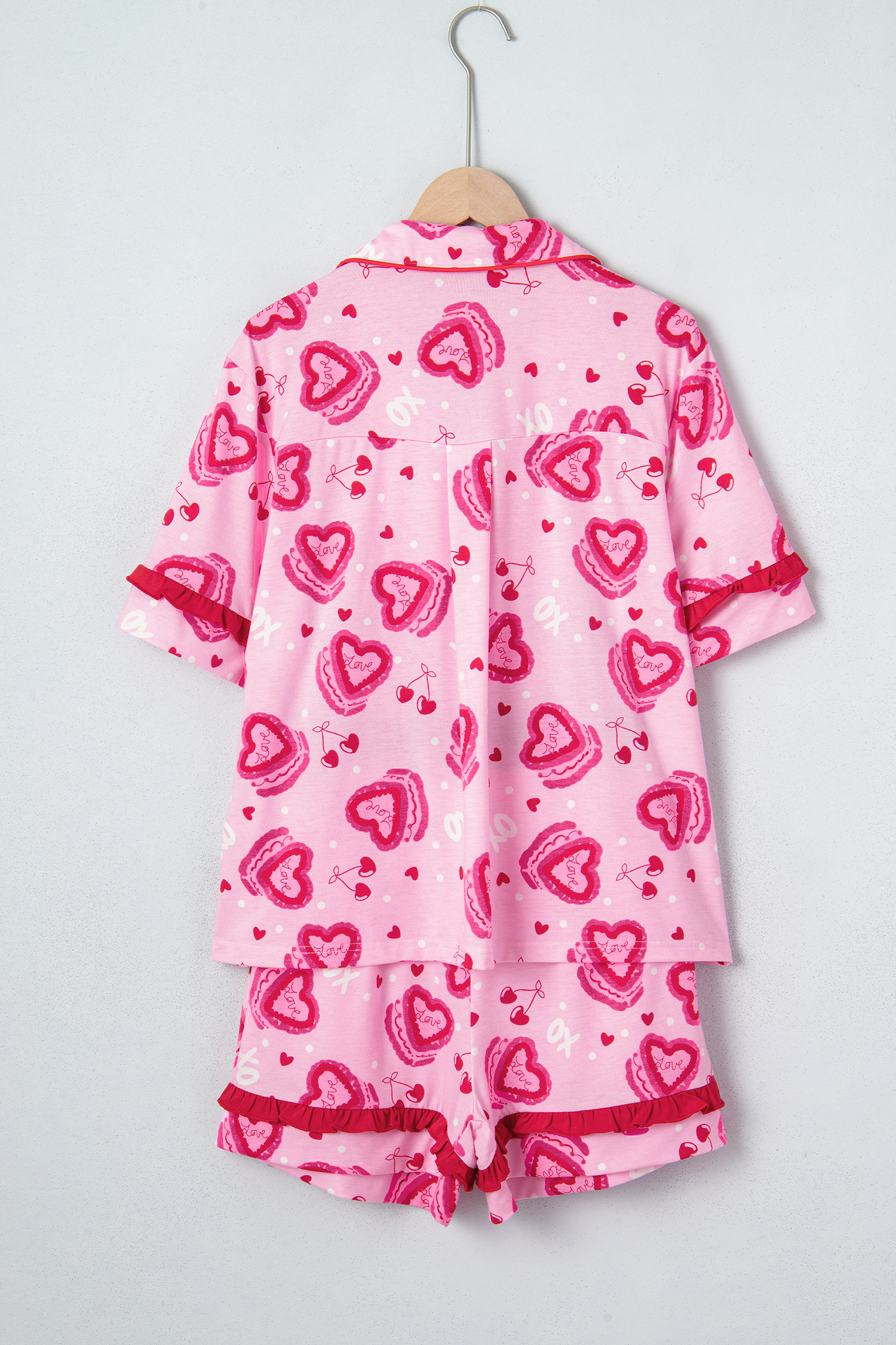 Pink Sweet Heart Cake Print Contrast Ruffle Trim Valentines 2pcs Pajama Set - loveforevers