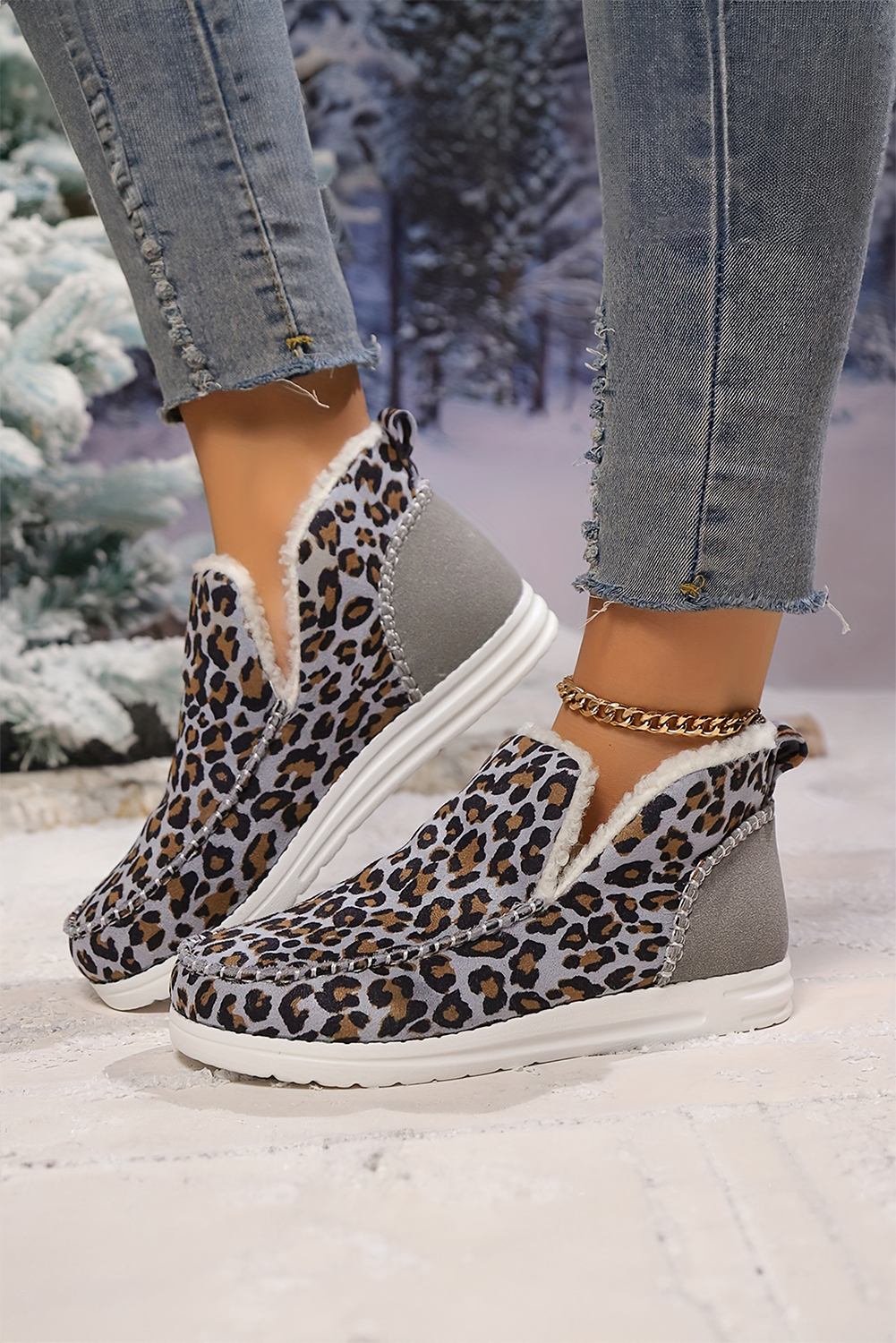 Brown Leopard Print Ankle Patched Flat Winter Fur Boots - loveforevers