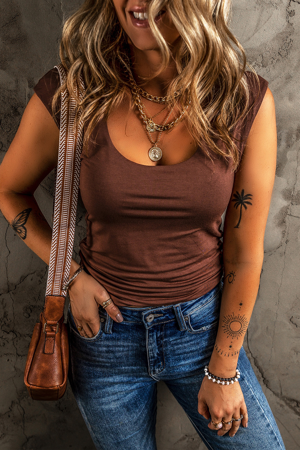 Coffee Solid Color U Neck Slim Fit Tank Top - loveforevers