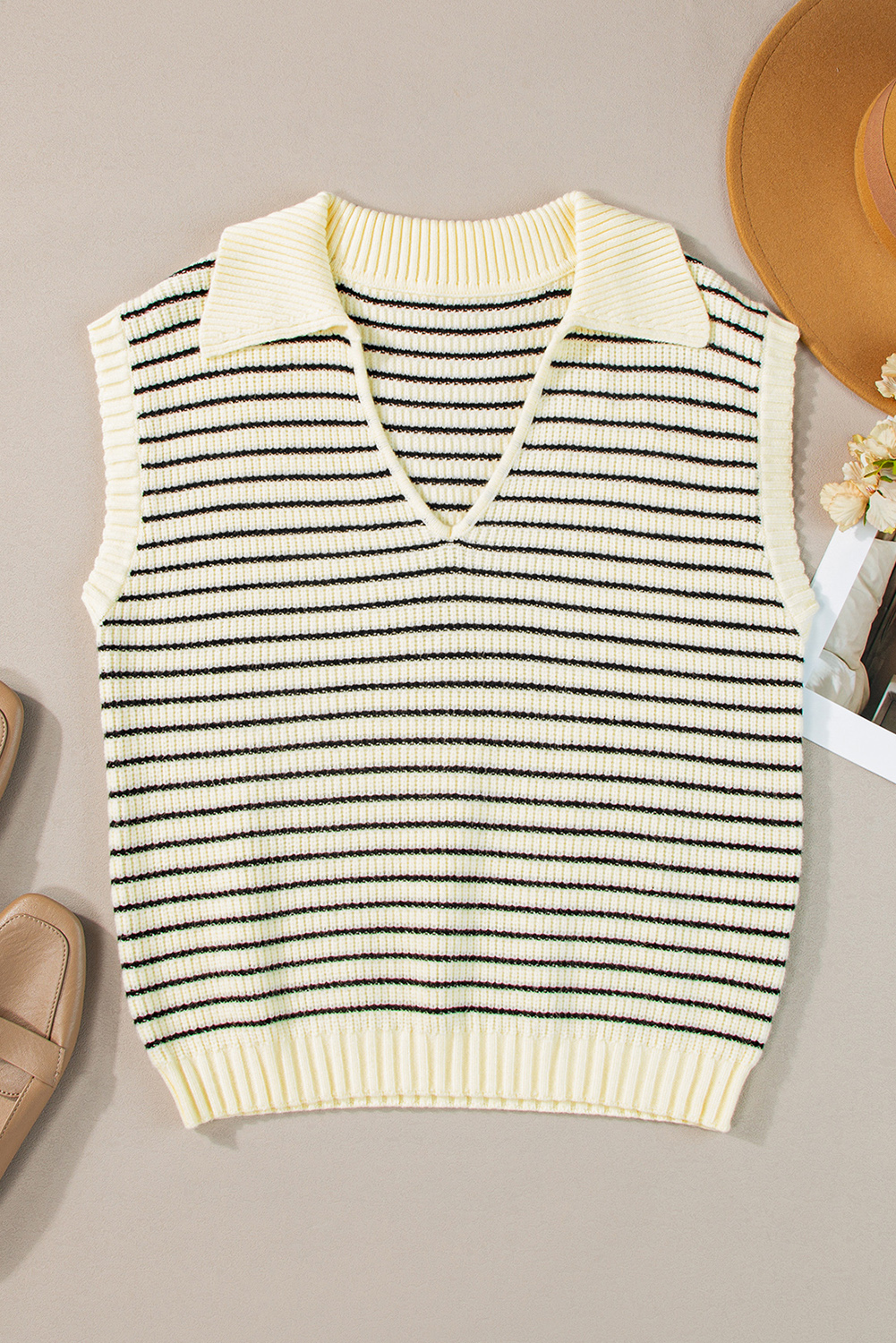 Beige Stripe Turn-down V Neck Sweater Tank Top - loveforevers