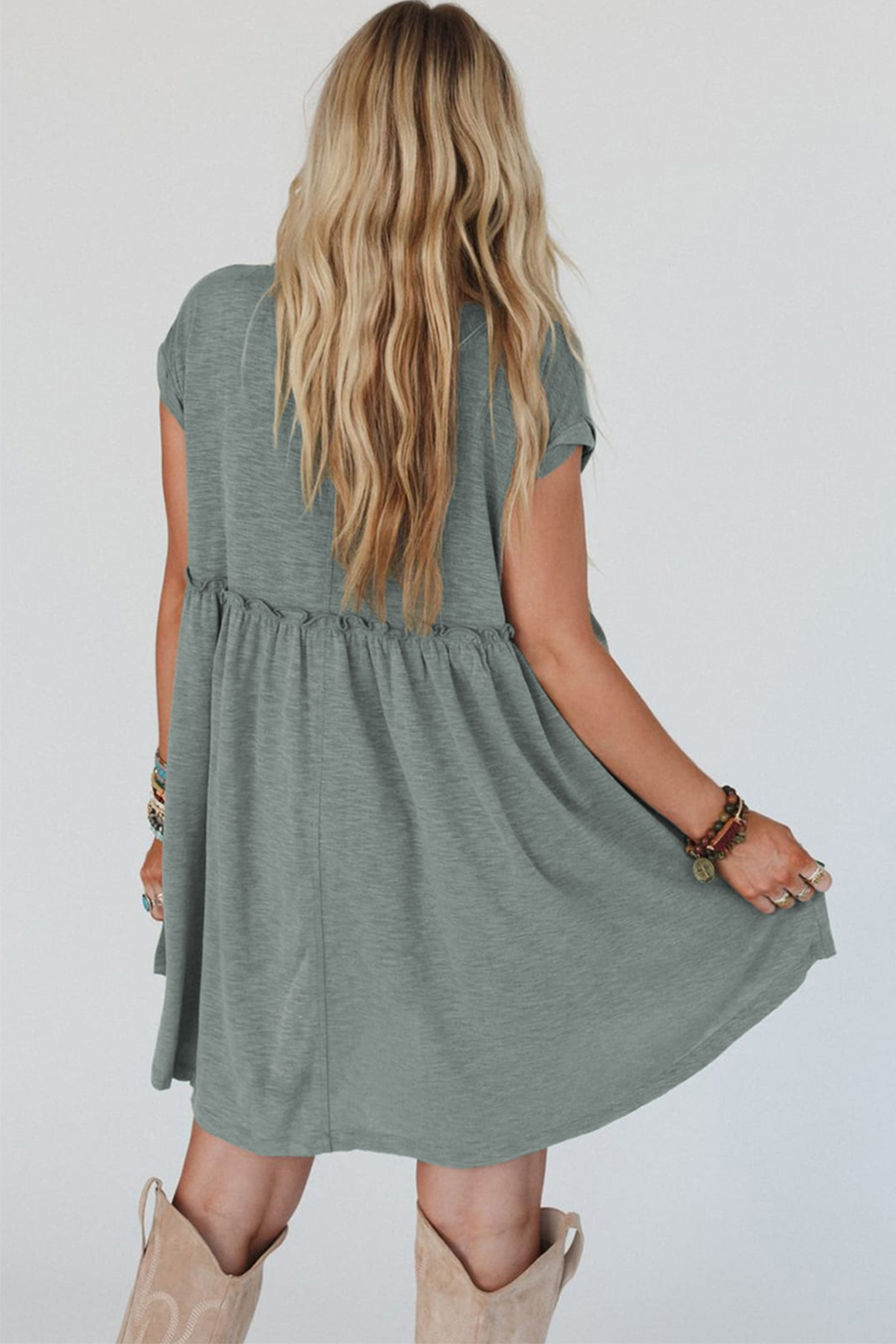 Mist Green Frilled Gathered Seam Round Neck T Shirt Dress - loveforevers