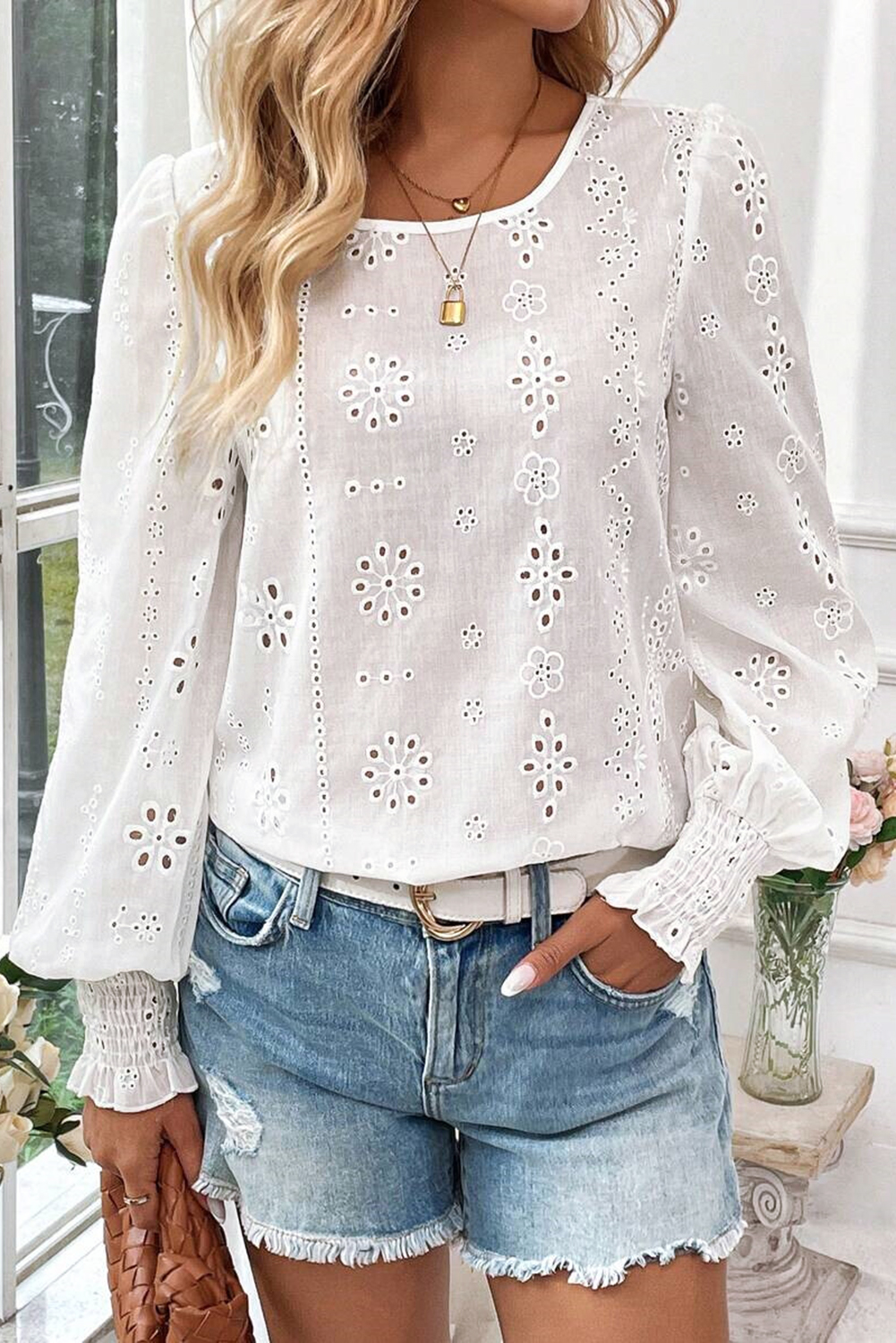 White Eyelet Embroidered Smocked Cuff Sheer Blouse - loveforevers