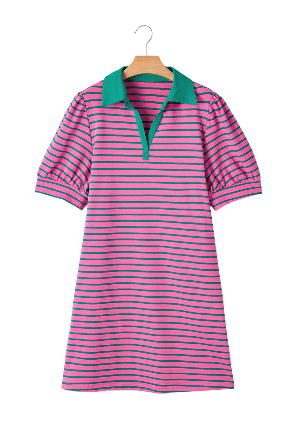 Pink Stripe Collared V Neck Puff Sleeve T Shirt Dress - loveforevers