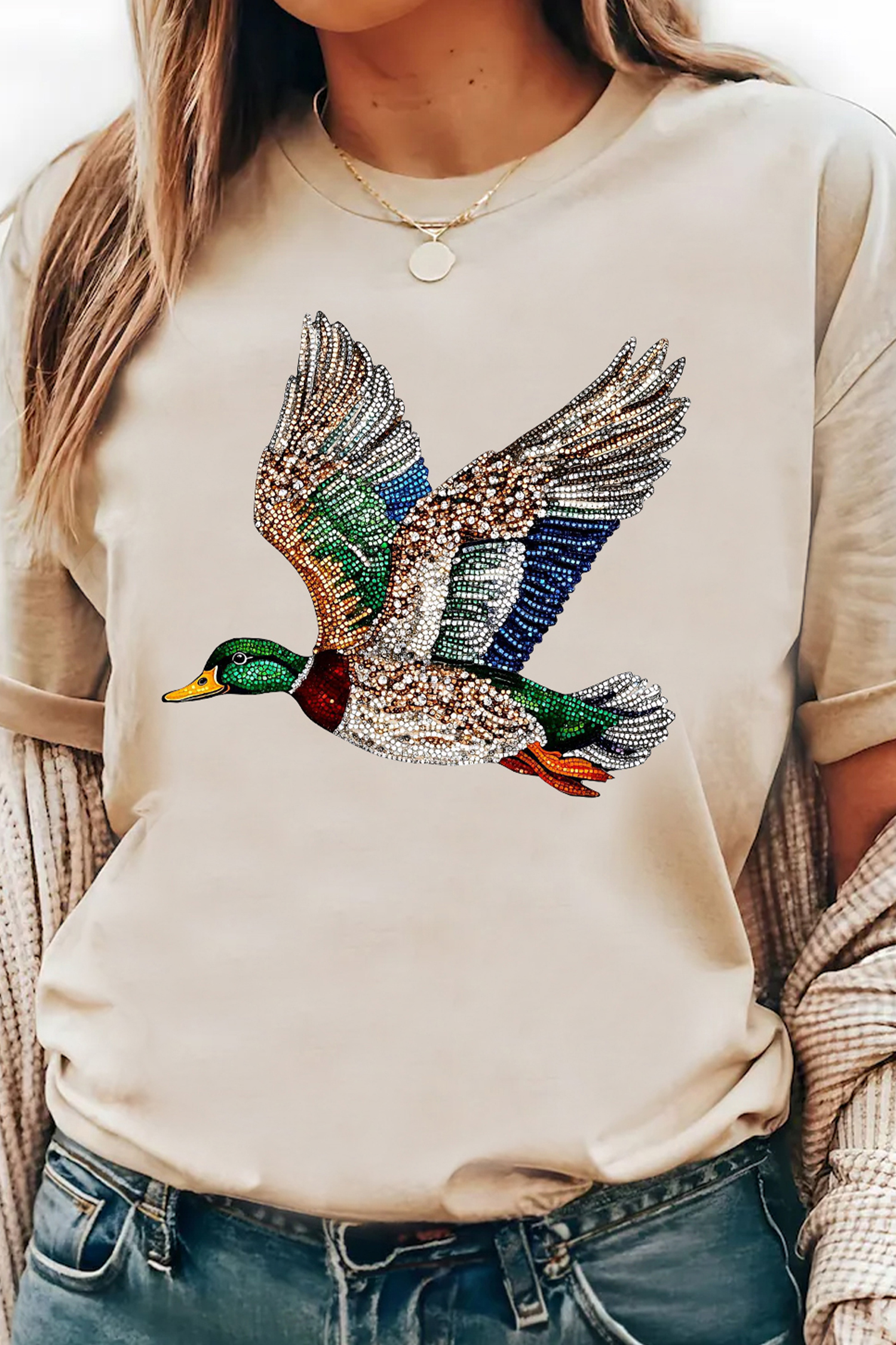 Khaki Flying Mallard Print Crew Neck T Shirt - loveforevers