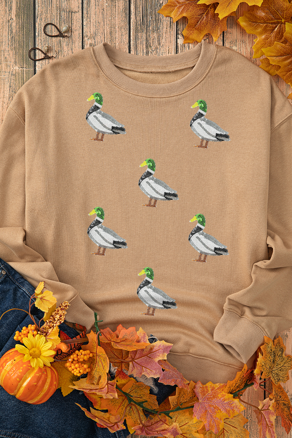 Khaki Sequin Mallard Duck Graphic Baggy Sweatshirt - loveforevers
