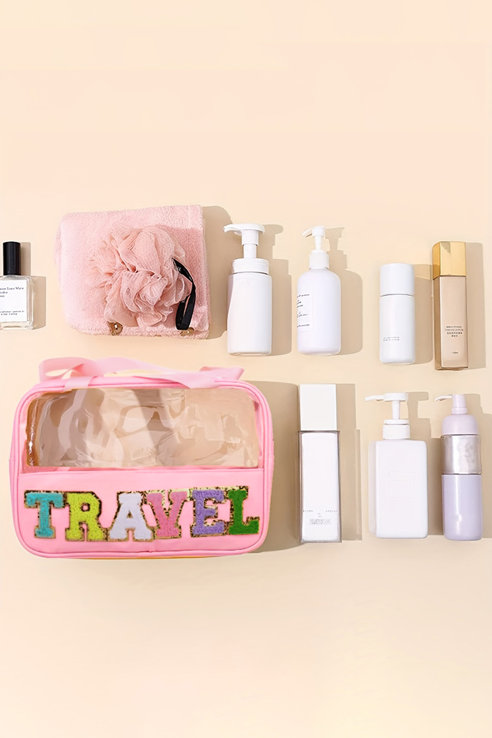 Light Pink TRAVEL Chenille Letter Clear PVC Makeup Bag - loveforevers