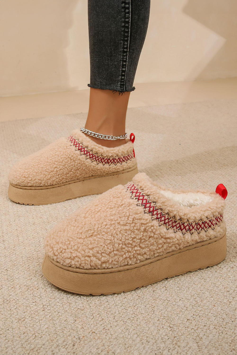 Oatmeal Embroidered Sherpa Plush Thick Sole Snow Boots - loveforevers