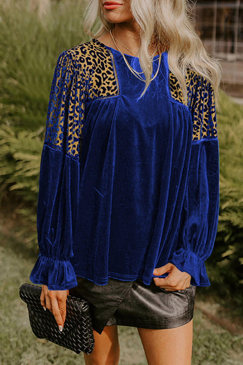 Sky Blue Leopard Patchwork Shoulder Flounce Sleeve Velvet Blouse - loveforevers