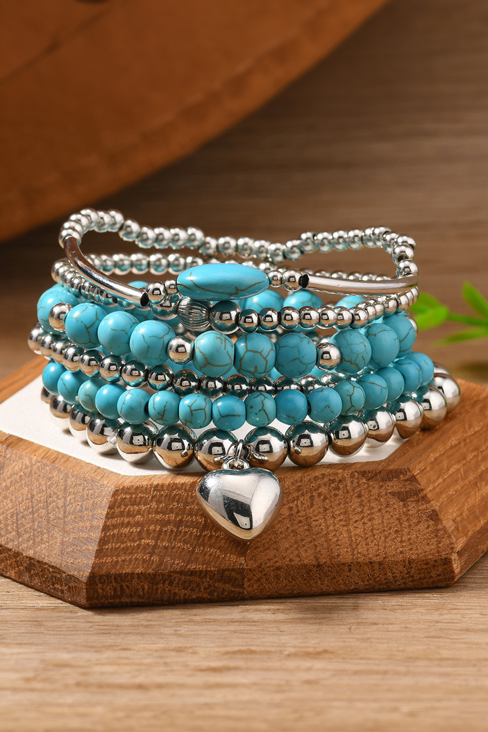 Silvery Pleated Heart Charm Beaded Turquoise Multilayer 6pcs Bracelet Set - loveforevers
