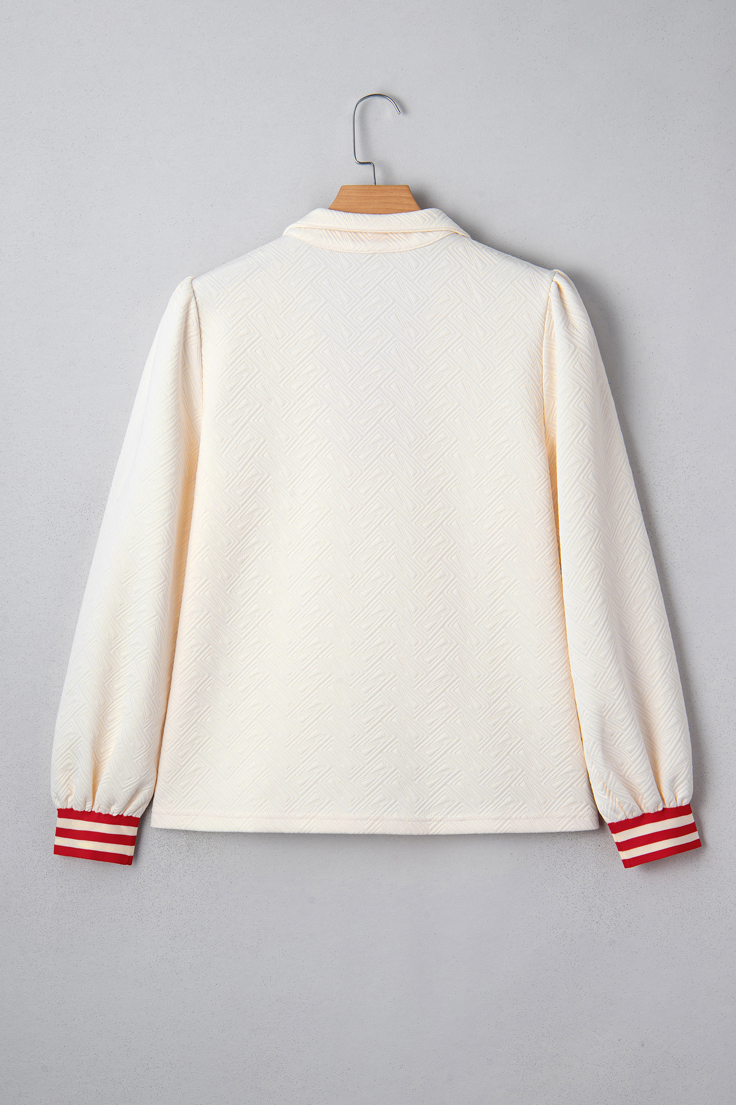 White Textured Knit Contrast Striped Accent Zipped Collar Pullover Top - loveforevers