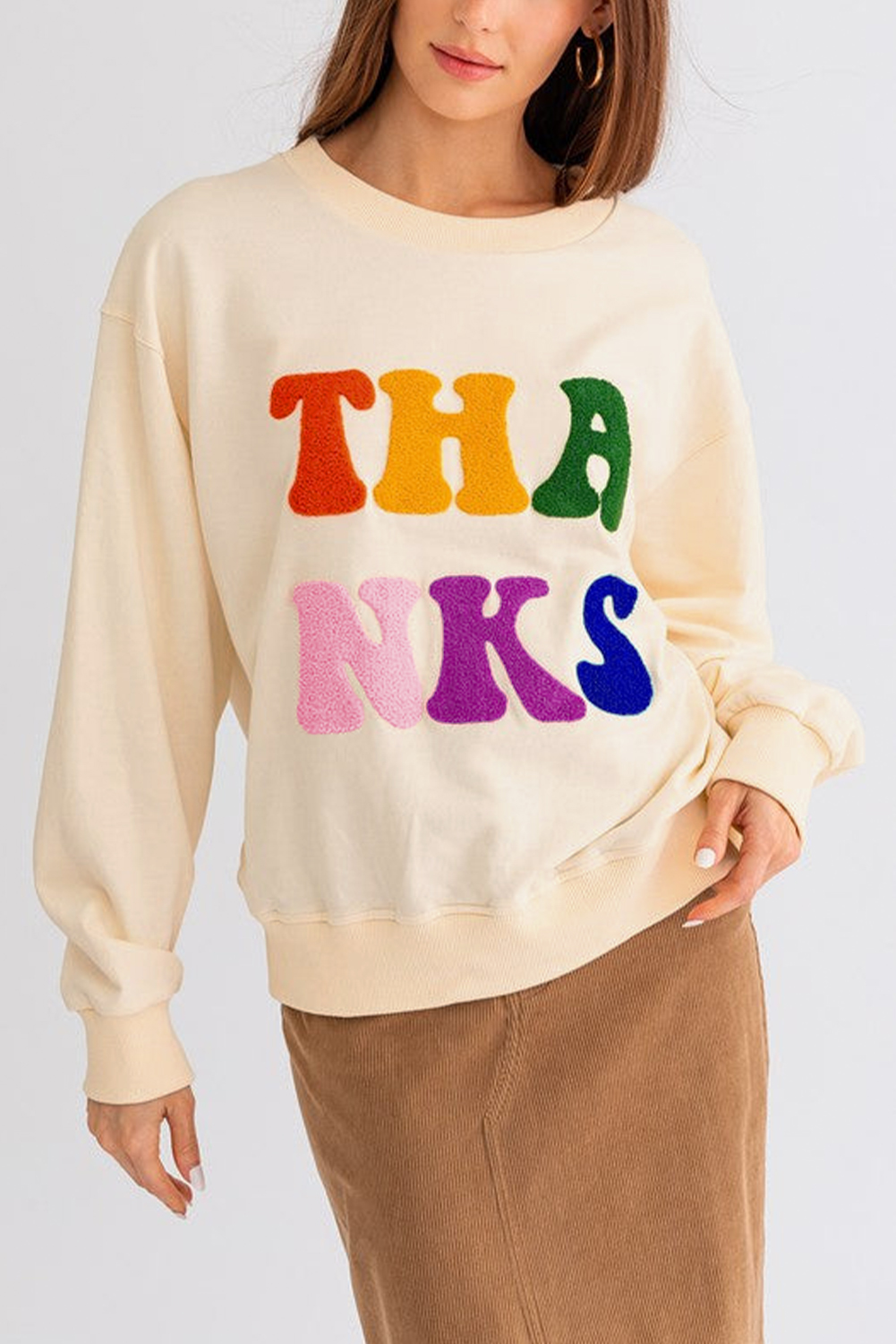 Apricot THANKS Chenille Embroidered Drop Shoulder Graphic Sweatshirt - loveforevers