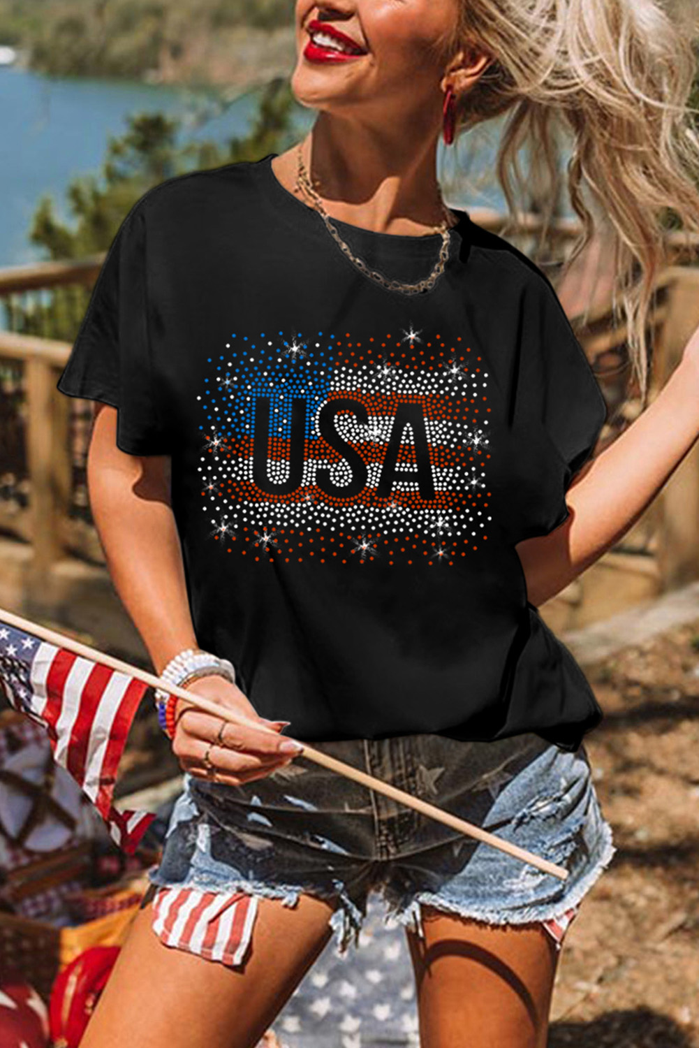 Black Rhinestone America Flag USA Graphic T Shirt - loveforevers