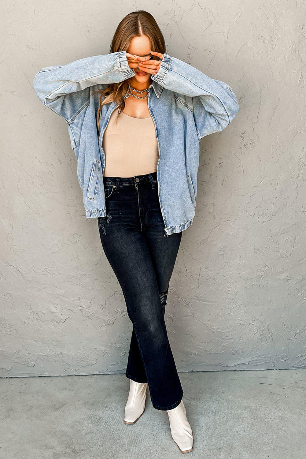 Myosotis Elastic Edge Collared Zip Up Denim Jacket With Pocket - loveforevers