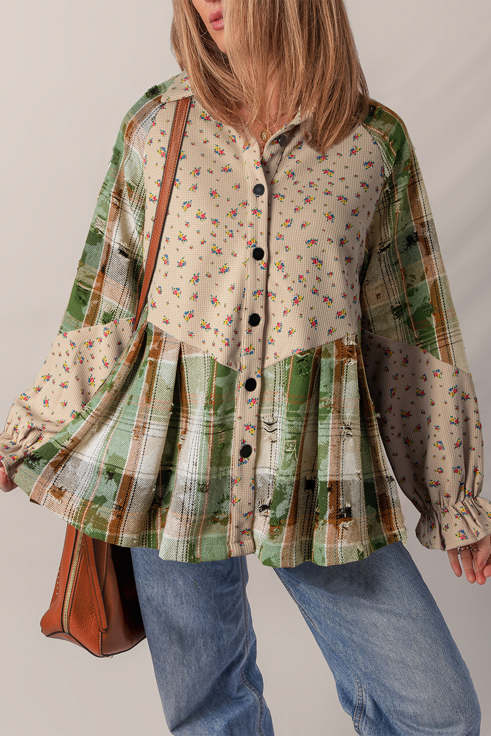 Mist Green Boho Floral Plaid Patchwork Distressed Detail Ruffled Sleeve Waffle Knit Shacket - loveforevers