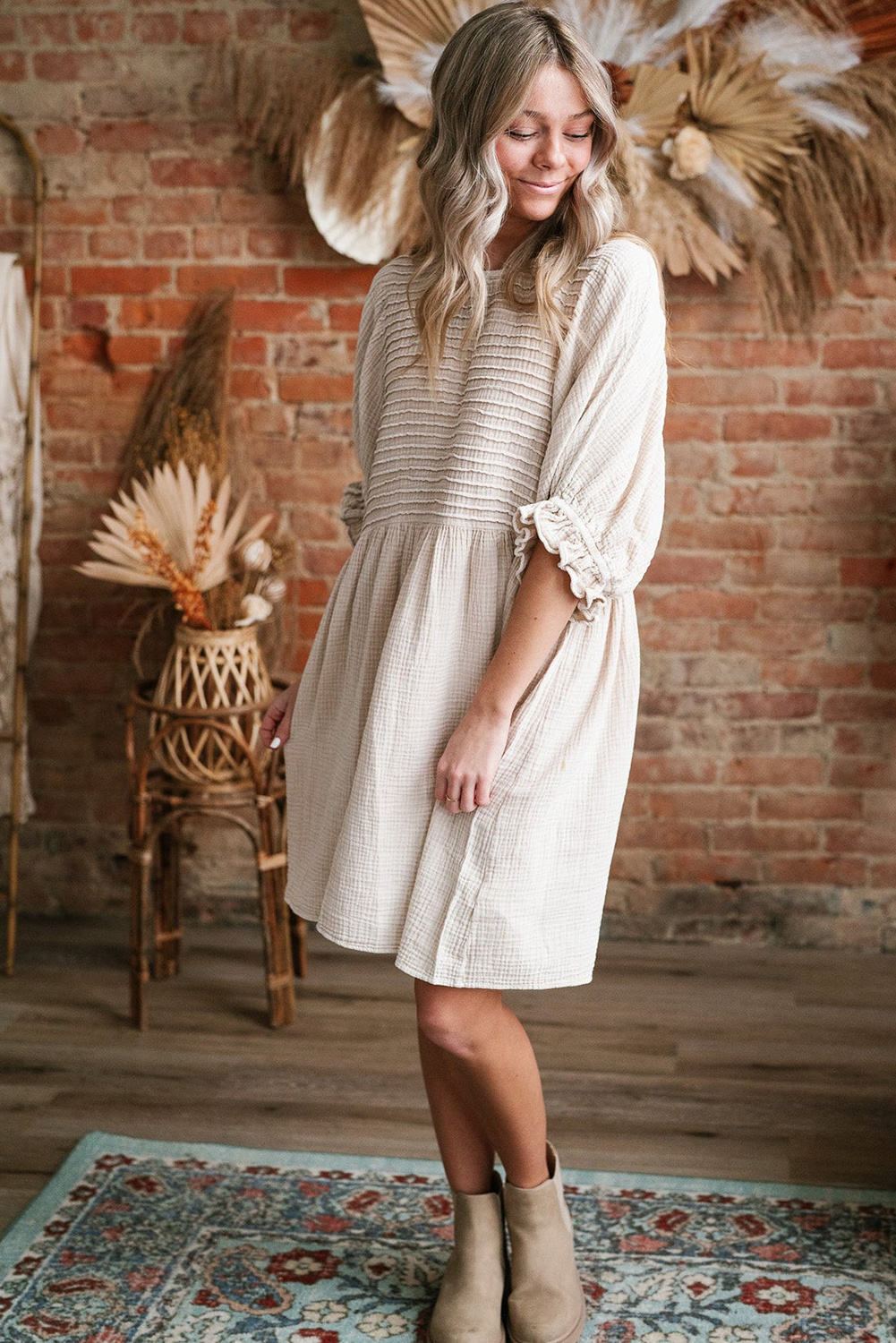 White Textured Ruffled Puff Sleeve Loose Dress - loveforevers