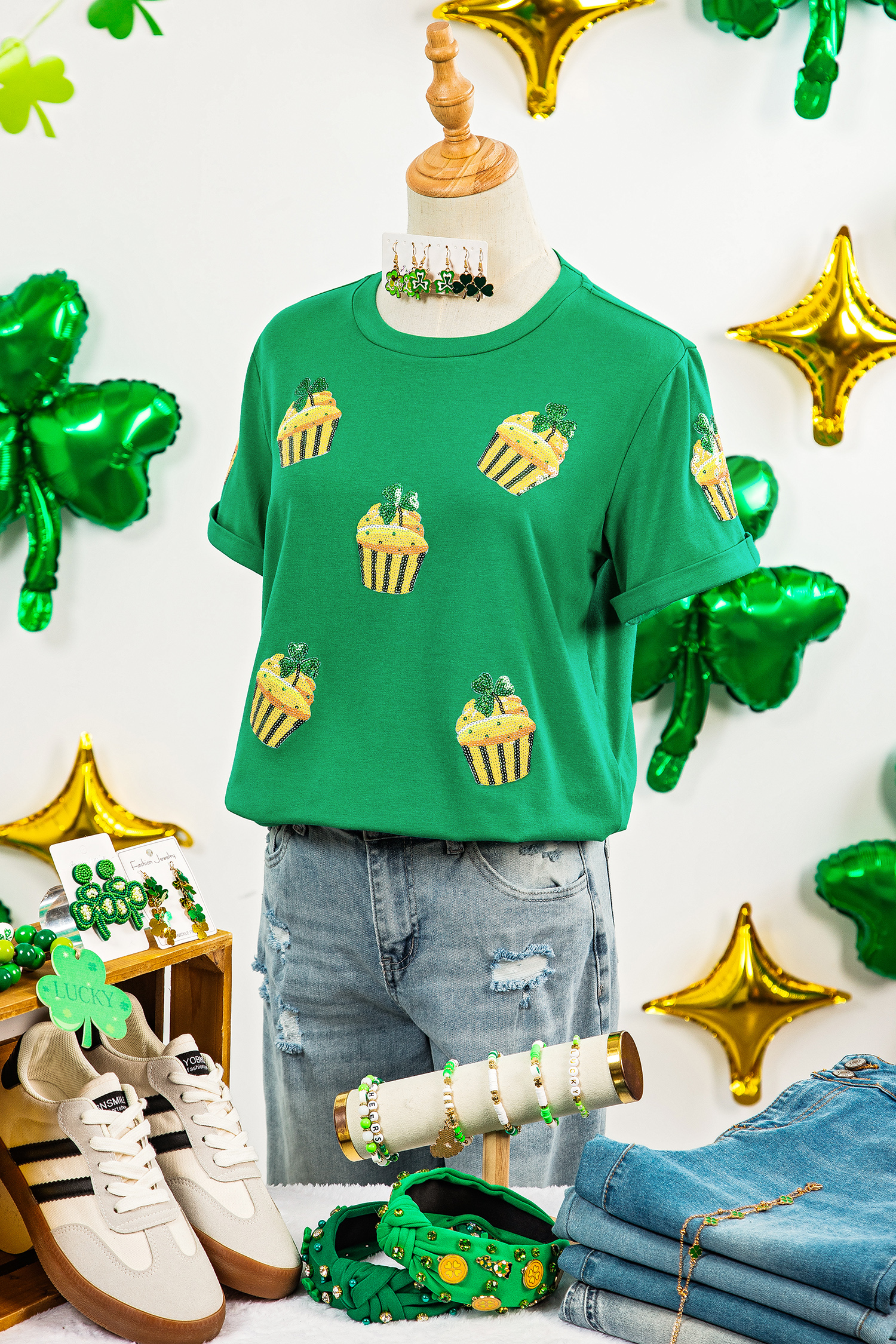 Bright Green St Patricks Day Sequin Cupcake Graphic T Shirt - loveforevers