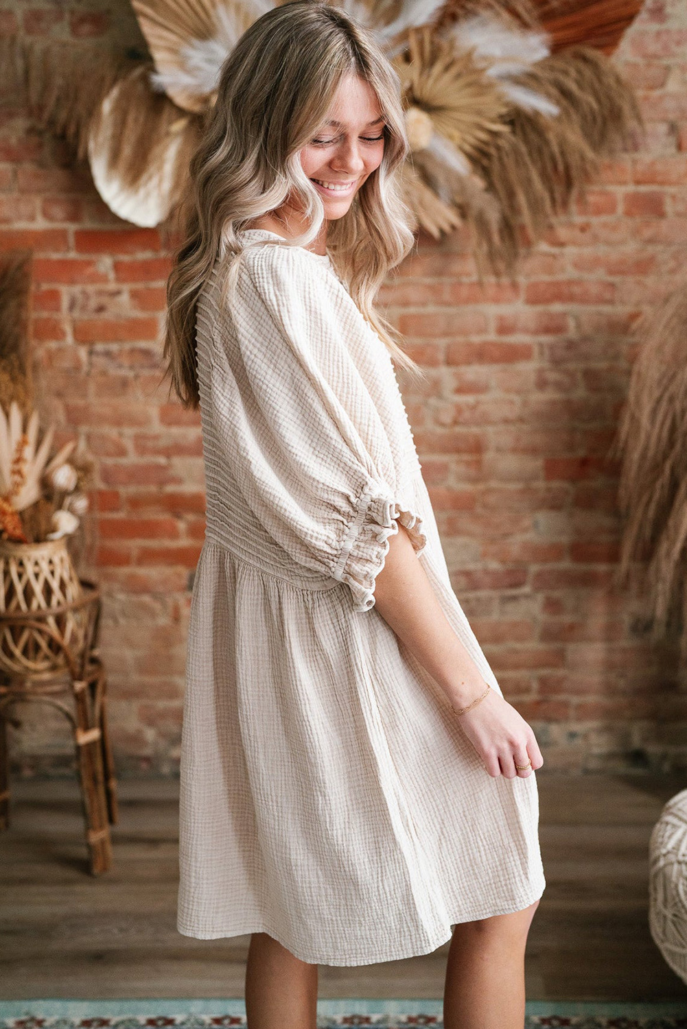 White Textured Ruffled Puff Sleeve Loose Dress - loveforevers