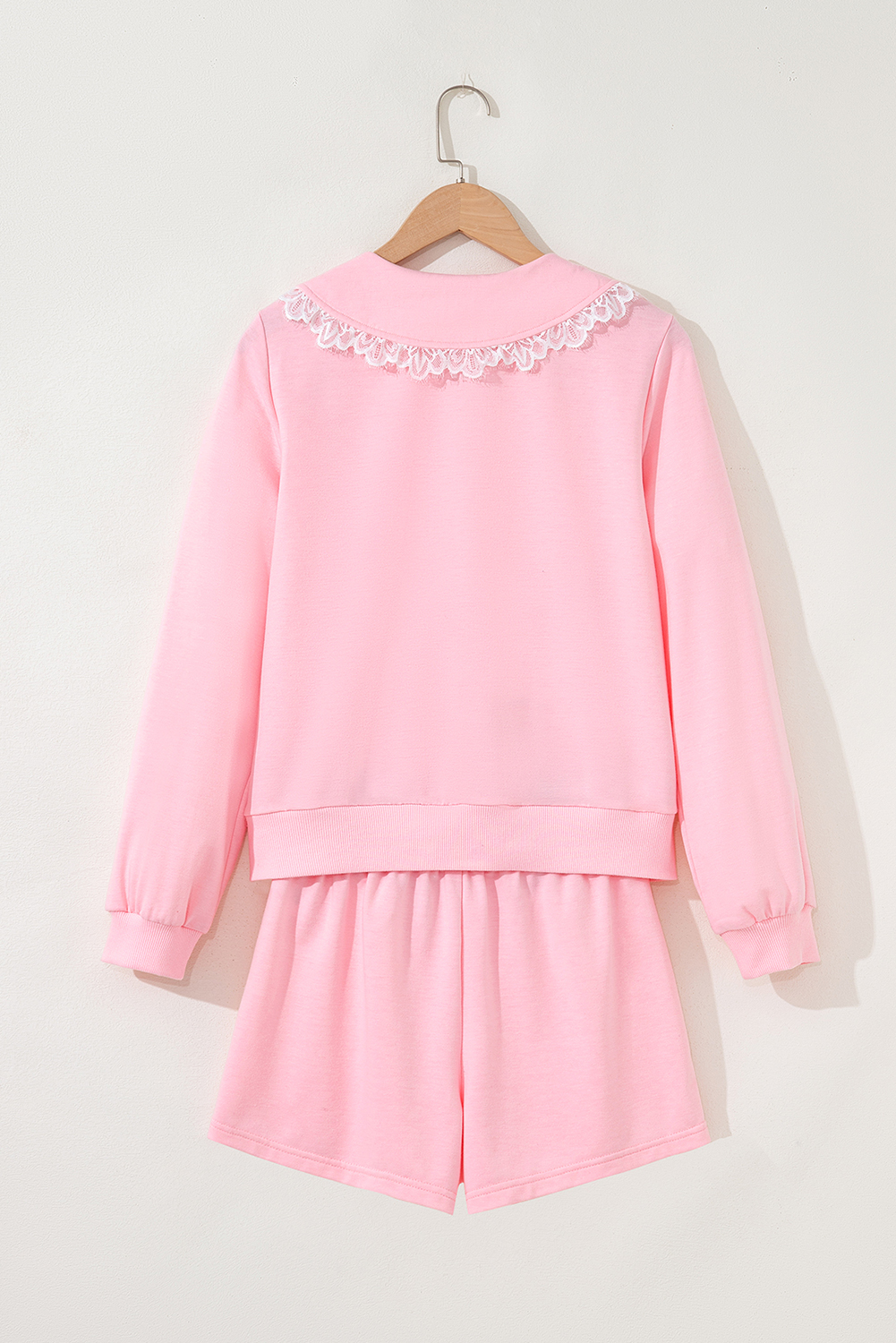 Pink Peter Pan Lace Embellished Neck Collision Sweatshirt and Skirt Two Piece Set - loveforevers