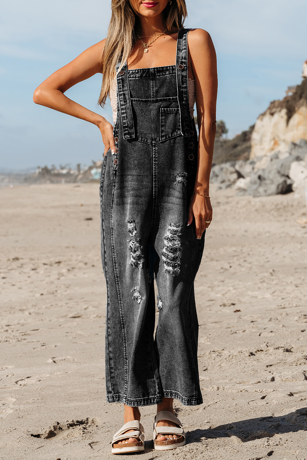 Stone Blue Distressed Bib Pocket Wide Leg Denim Overall - loveforevers