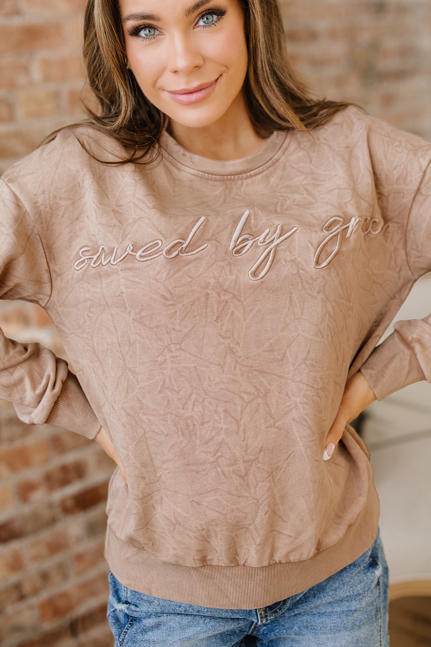 DUNE saved by grace Letter Embroidery Mineral Wash Loose Sweatshirt - loveforevers
