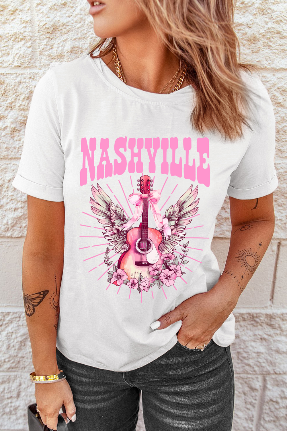 White NASHVILLE Guitar Graphic Music Festival T Shirt - loveforevers