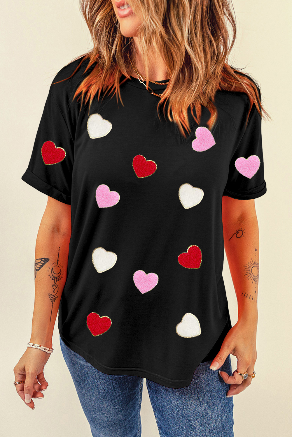 Black Valentines Chenille Heart Patched Pattern Crewneck Tee - loveforevers