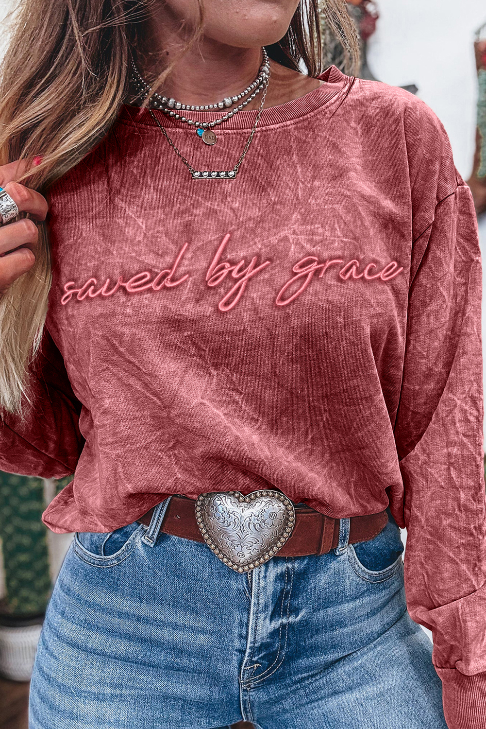 DUNE saved by grace Letter Embroidery Mineral Wash Loose Sweatshirt - loveforevers