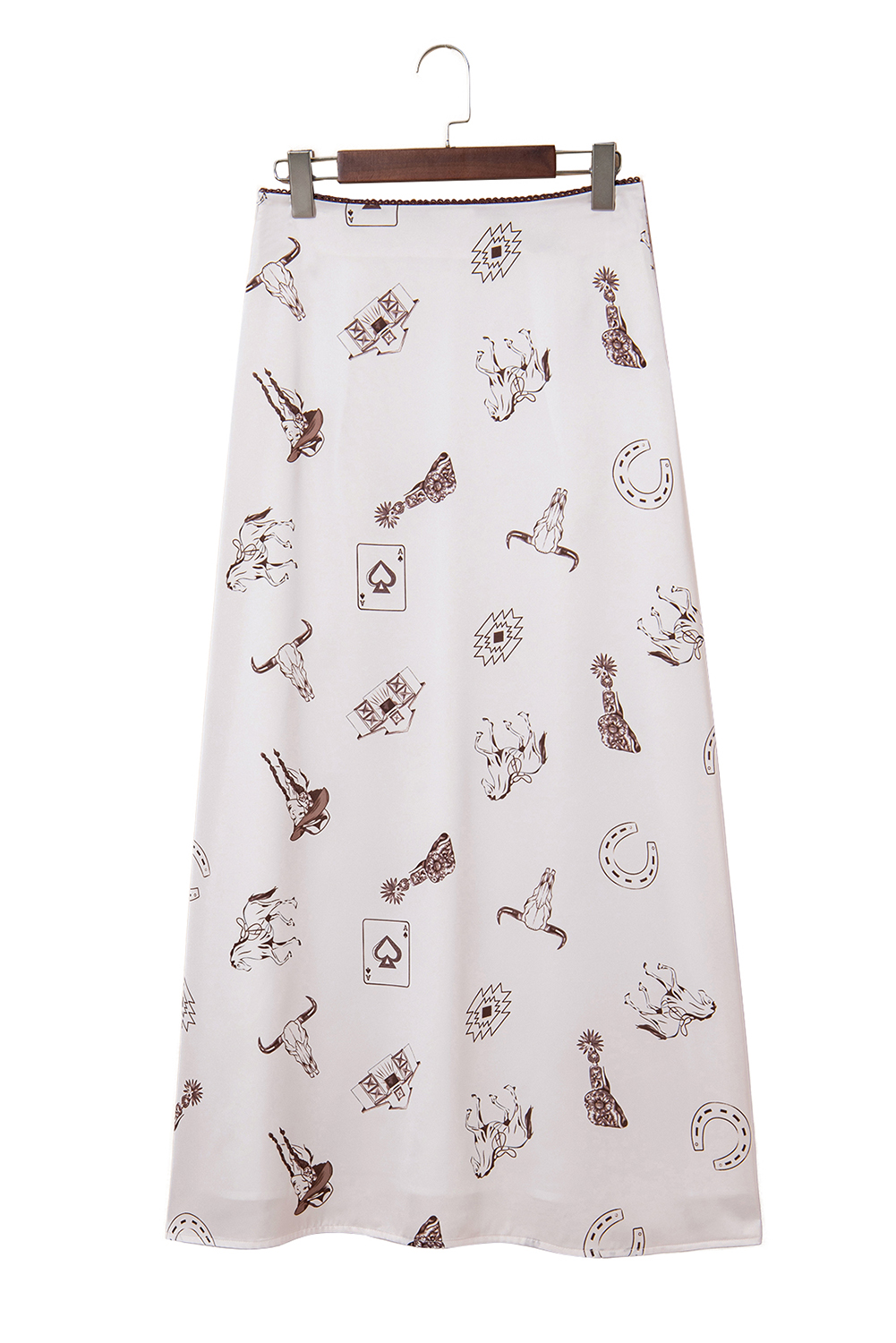Beige Western Print Satin Long Skirt - loveforevers