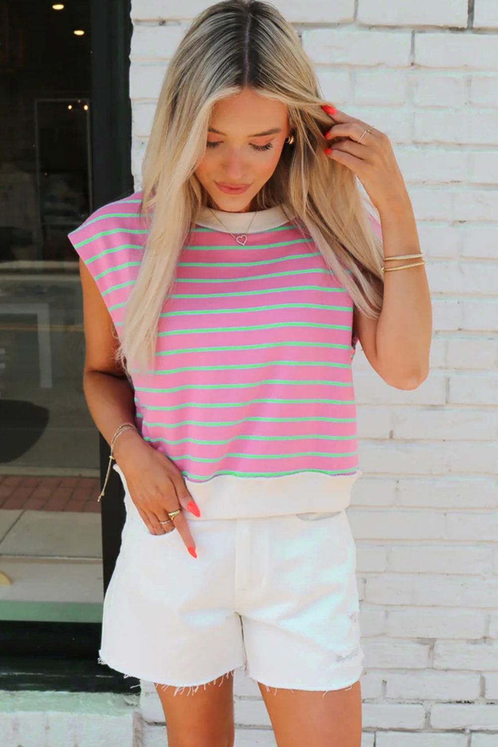 Sachet Pink Striped Crew Neck Cap Sleeve T Shirt - loveforevers